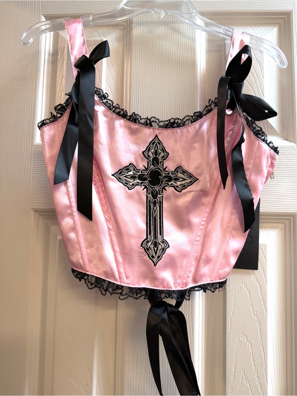 NWT Dolls Kill Pink Satin Corset Crop Top with Black Cross & Ribbon